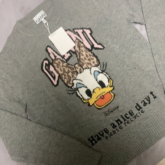 Ganni x Disney Daisy Duck Grey Sweater Leopard Bow accent size Small - Picture 2 of 6